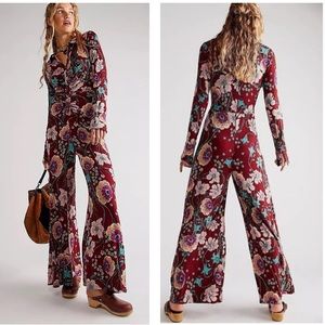 FREE PEOPLE SHAYLA JUMPSUIT LONG SLEEVE PRINTED RAISIN GARDEN COMBO